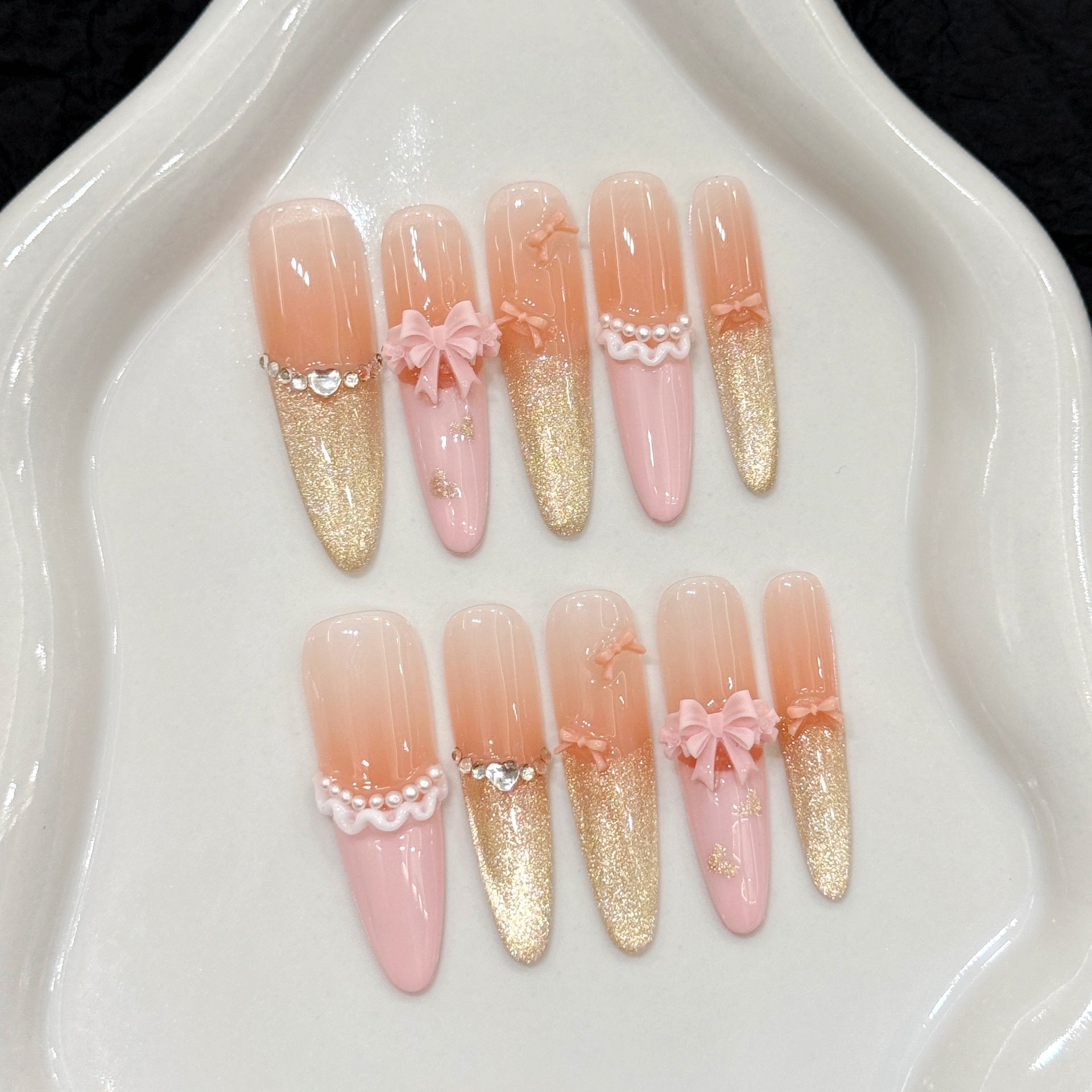 365nails: "Golden Hour Romance" – 3D Bow & Pearl Handmade Long Coffin Nails