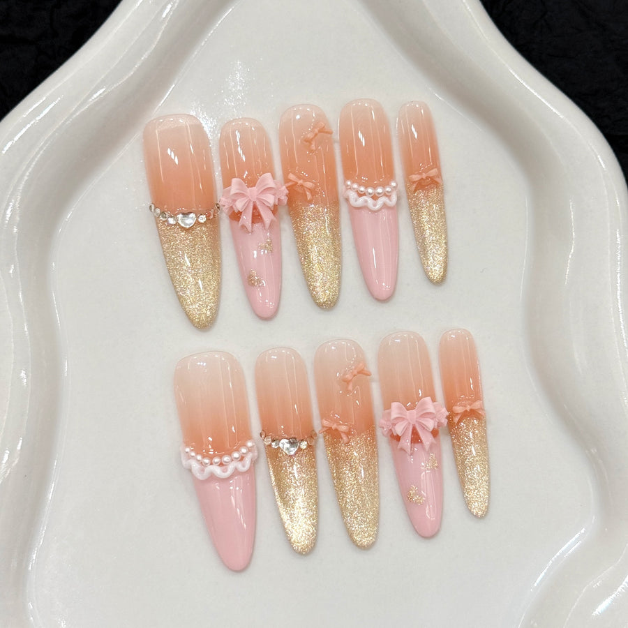 365nails: "Golden Hour Romance" – 3D Bow & Pearl Handmade Long Coffin Nails