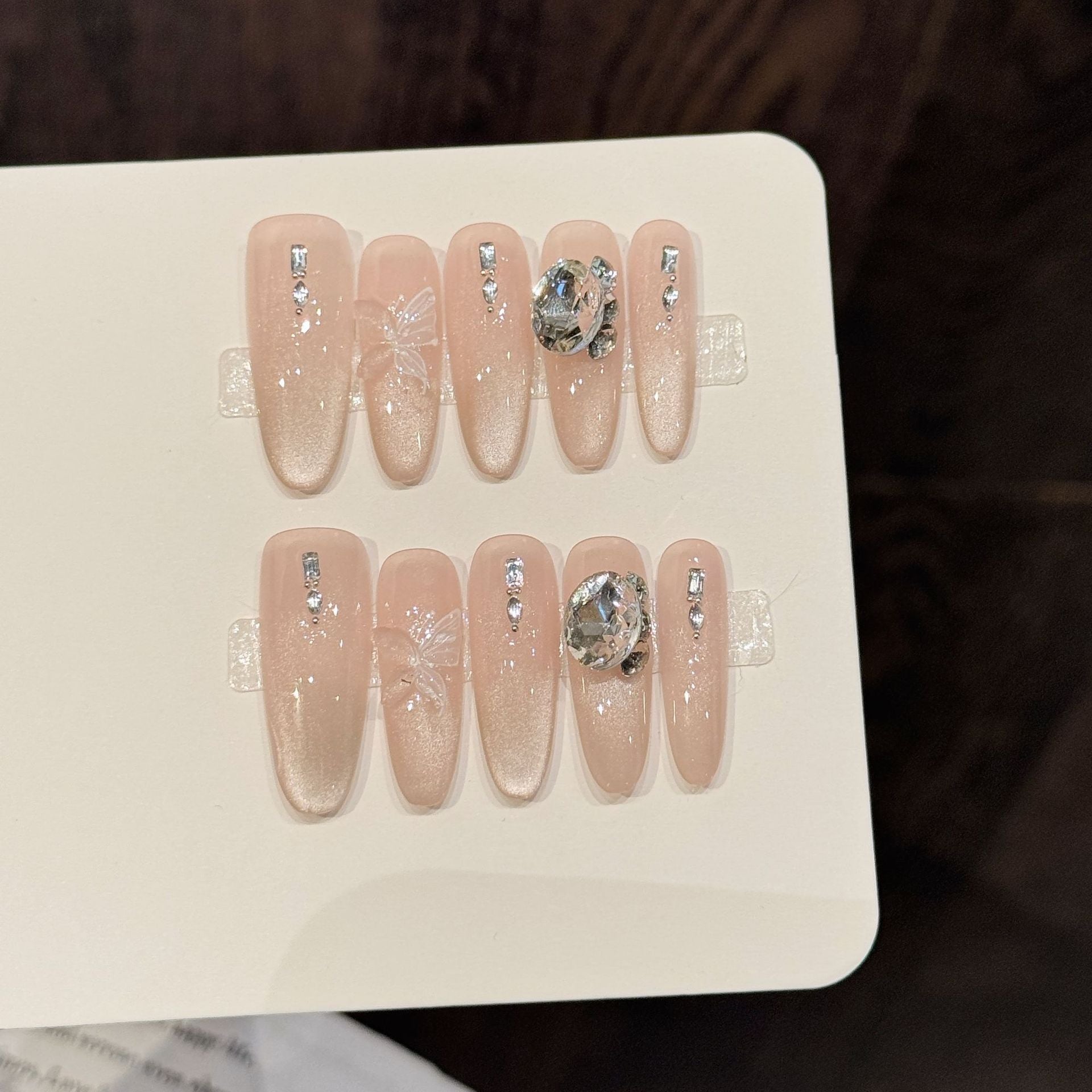Elegant Nude Crystal Butterfly Press On Nails