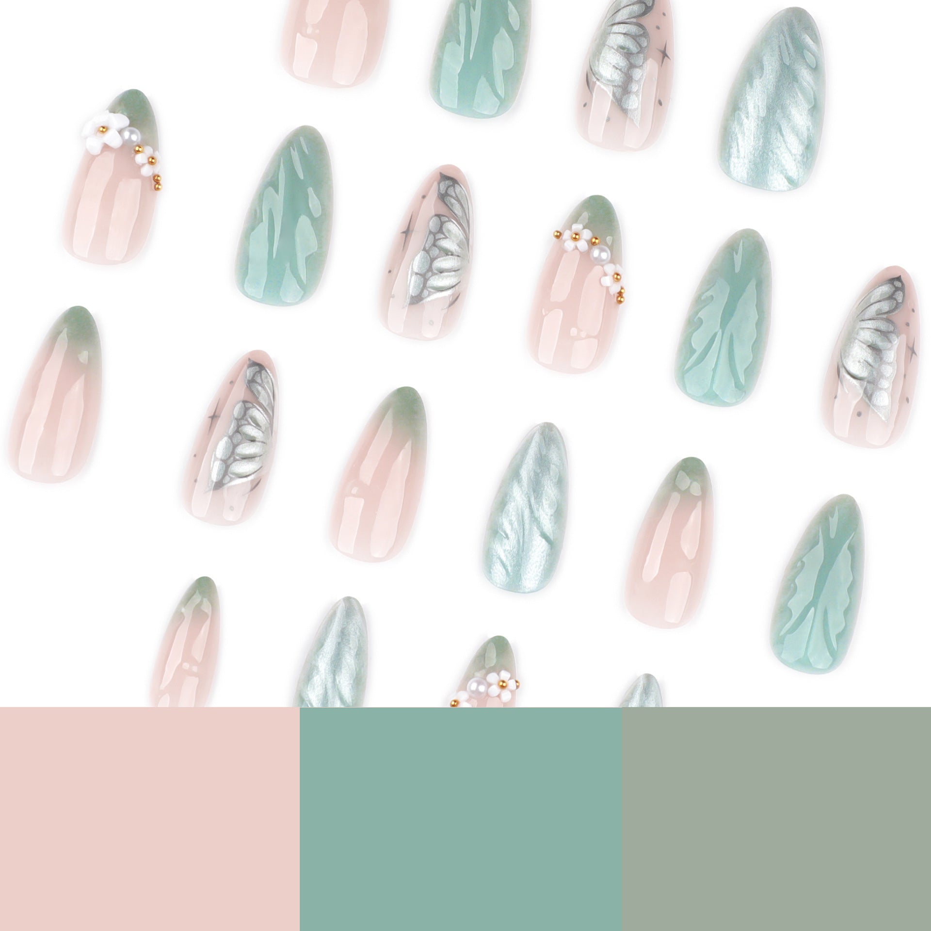 Mist Blue Pearl Accent Nails with Floral Details