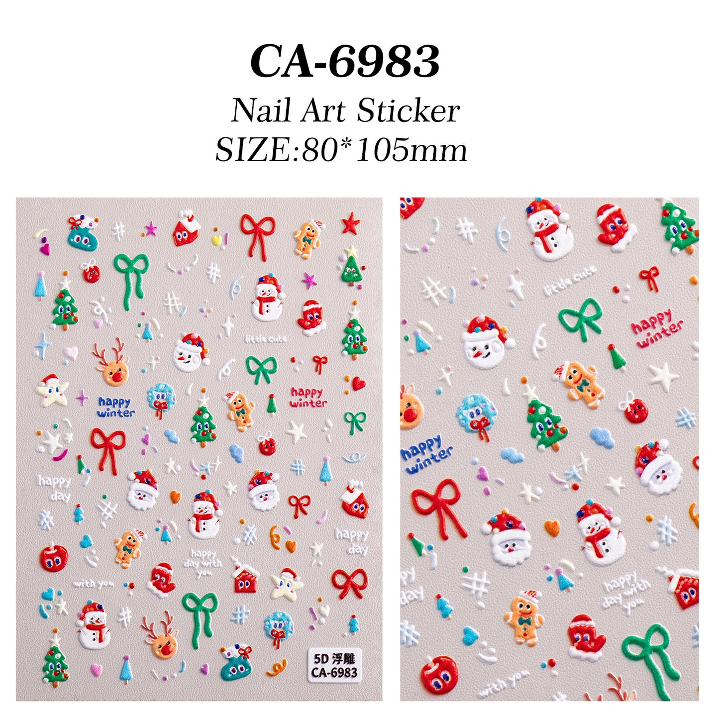 Cute Christmas Snowman Nail Art Sticker 5D Embossed Three-dimensional Santa Claus Elk Nail Sticker Ornament CA