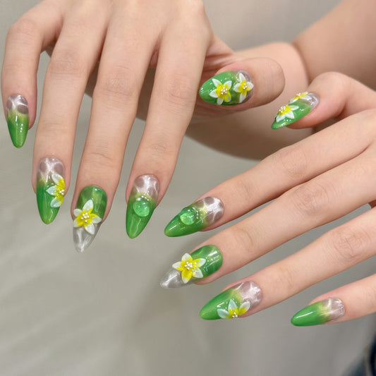 Green relief flower water ripple cat eye pure handmade nails | 365nails