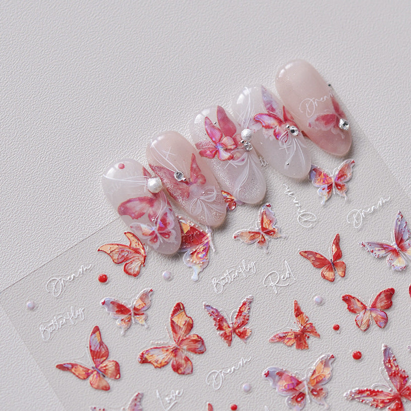 Red Gradient Butterfly: "Crimson Dream Butterfly" – 5D Embossed Nail Sticker