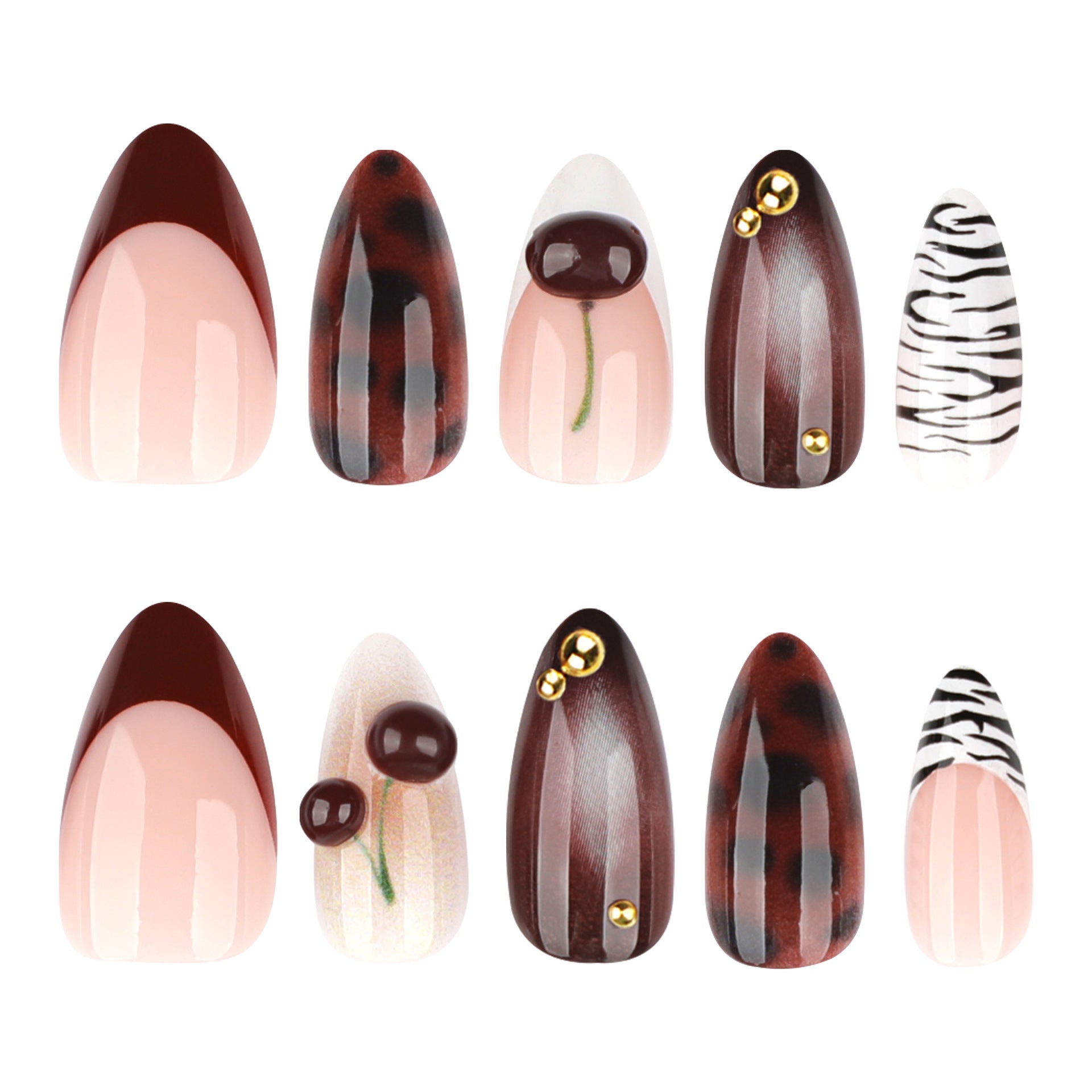 Black and white zebra print press-on nails with 3d cherry accents, french red manicure nail tips