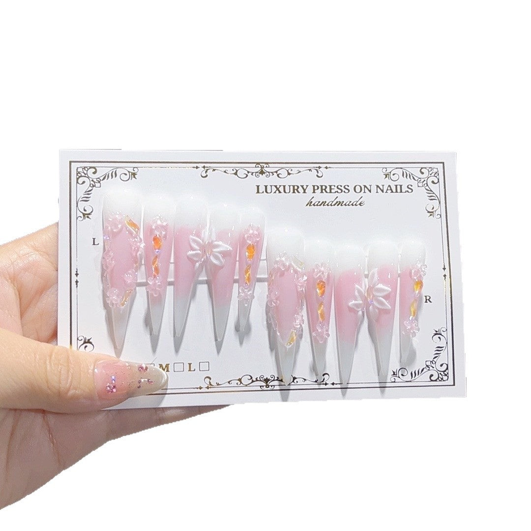 Unhas Postiças Extra Longas Stiletto Floral Rosa Suave