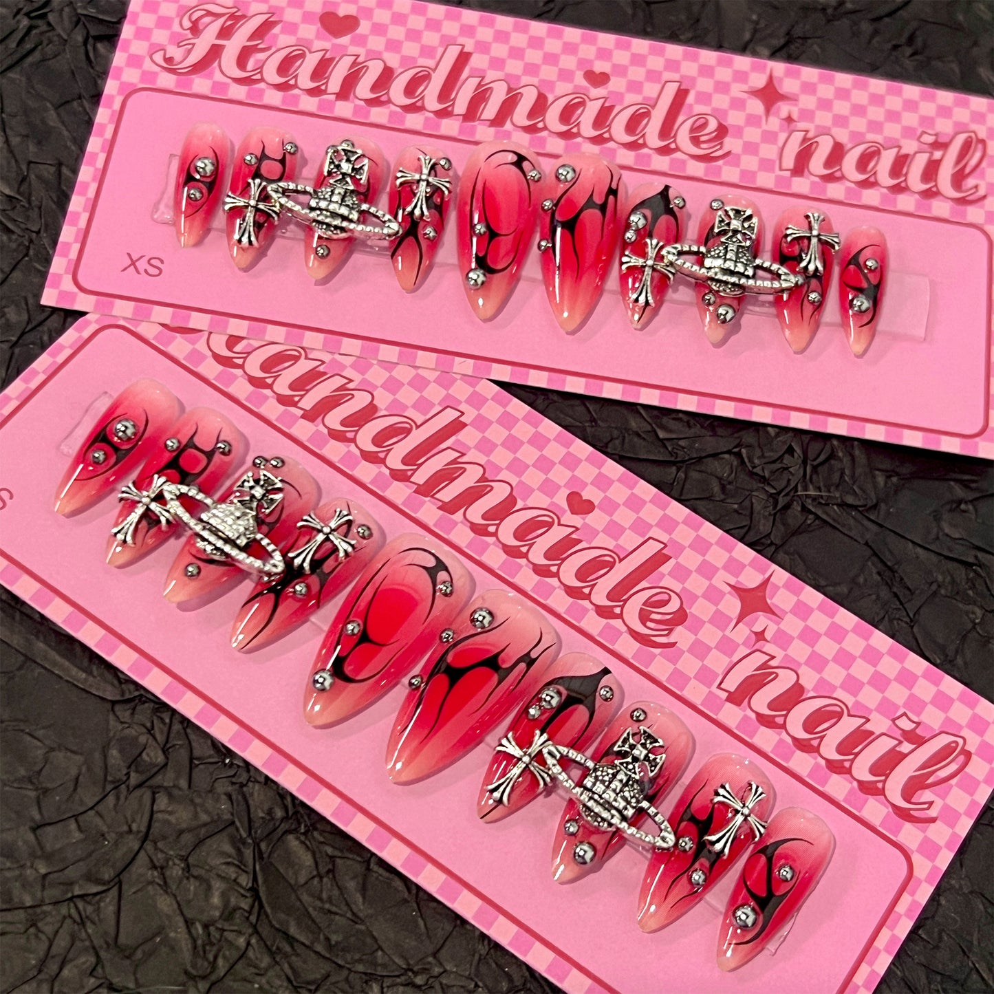 Red-Black Flame Press-On Nails | Stiletto | Handmade with Silver Cross & Planet Charms