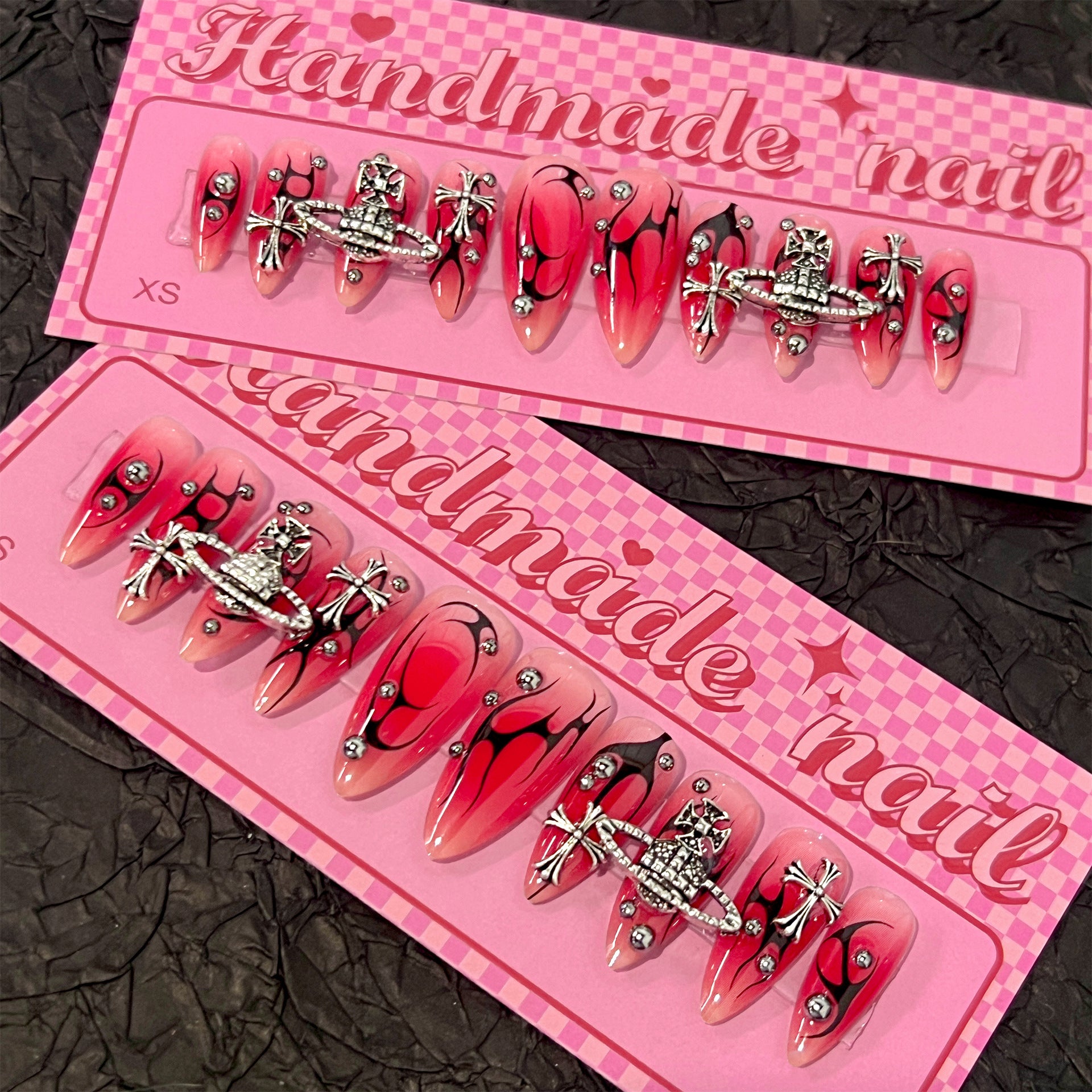 Red-Black Flame Press-On Nails | Stiletto | Handmade with Silver Cross & Planet Charms