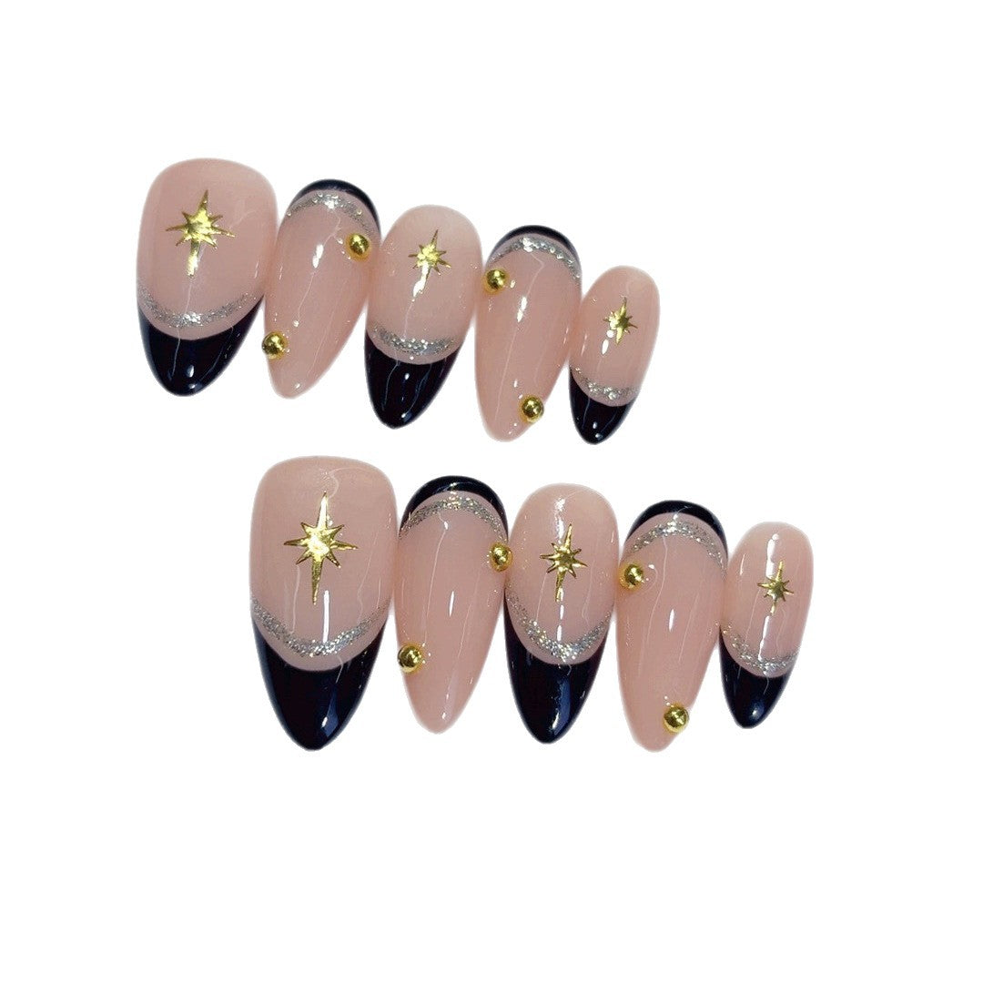 Celestial Noir: "Stellar Black French" – Almond Shape Handmade Press-On Nails