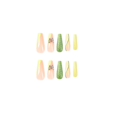 Unhas postiças francesas com glitter verde e borboleta 3D para mulheres