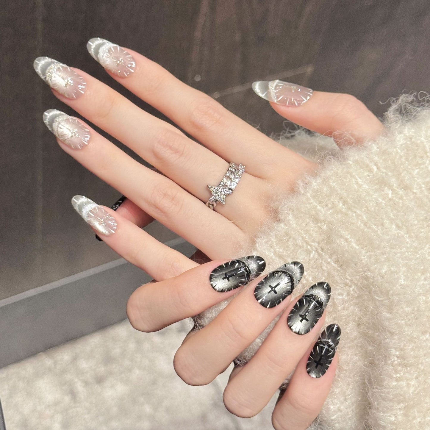 Silver Black Cross Gothic Press On Nails