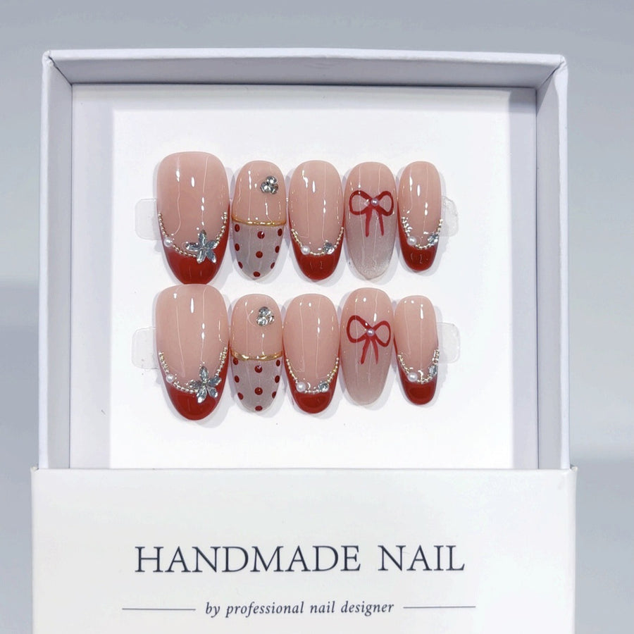 Cherry Bow: "Nude Red French" – Short Square Shape Handmade Press-On Nails