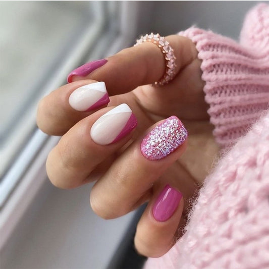 nails art piece wholesale white purple contrasting color silver glitter Press onable nails sticker short fake nails patch nails piece finished product｜365nails
