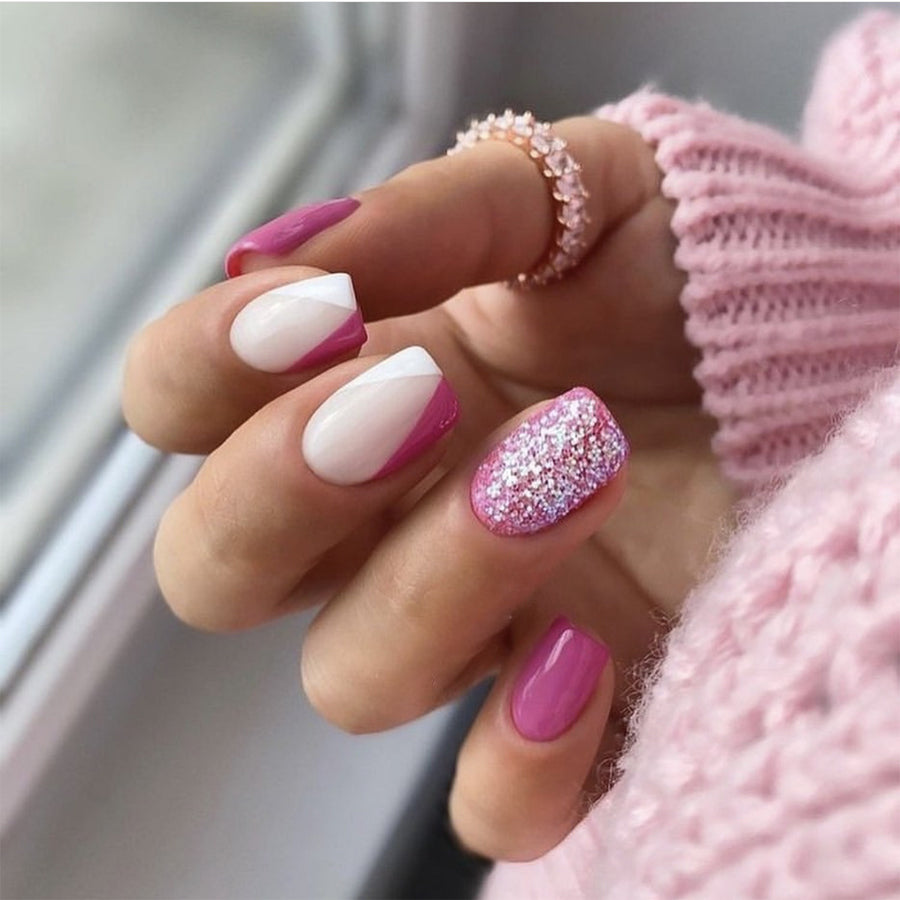 nails art piece wholesale white purple contrasting color silver glitter Press onable nails sticker short fake nails patch nails piece finished product｜365nails