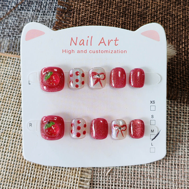 365nails: "crystal red strawberry" – short round handmade kids press-on nails