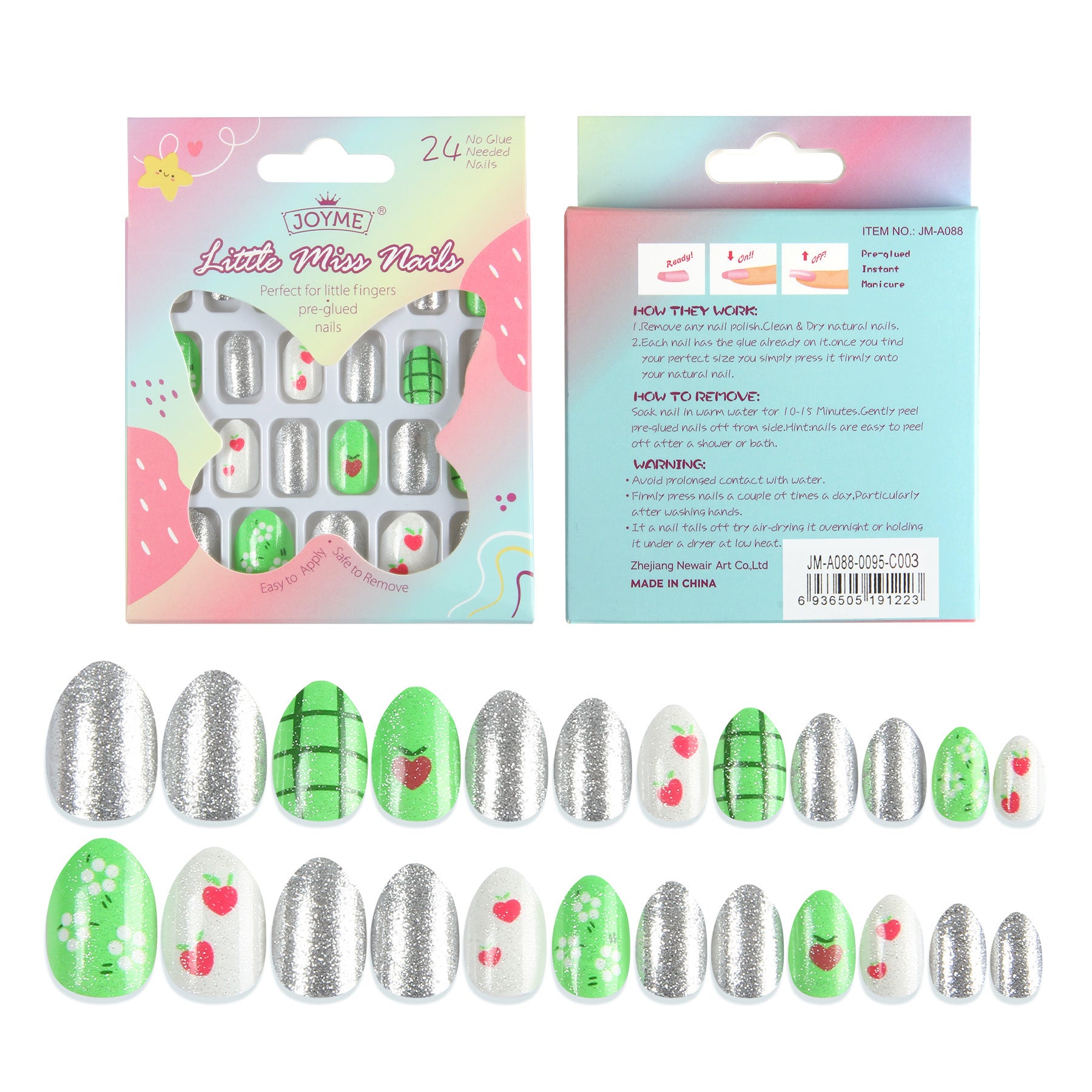 Kids press-on nails Green, safe and environmentally friendly glue-free patches 24 pieces average size