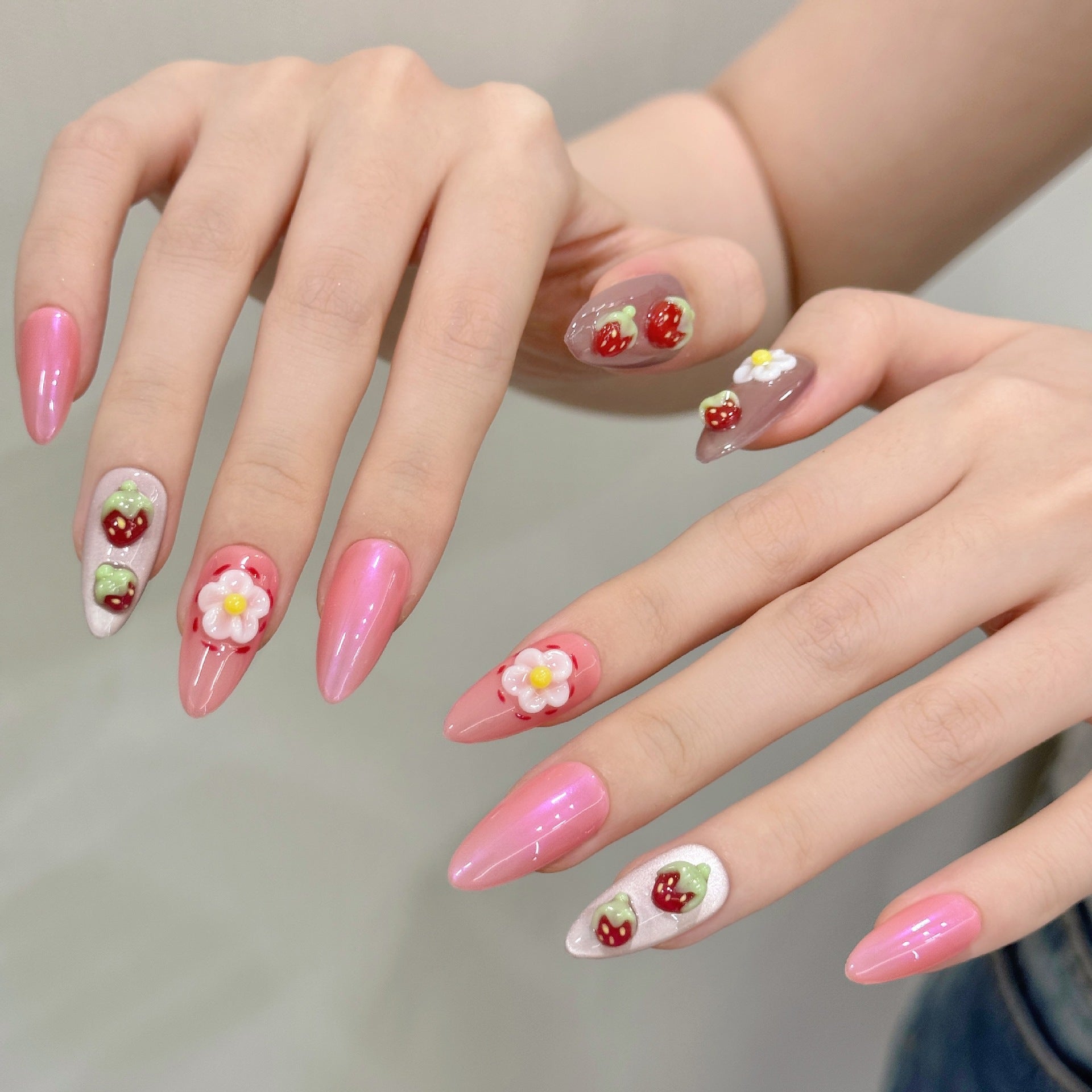 365nails: "Strawberry Fields" – 3D Fruit & Floral Handmade Long Almond Nails