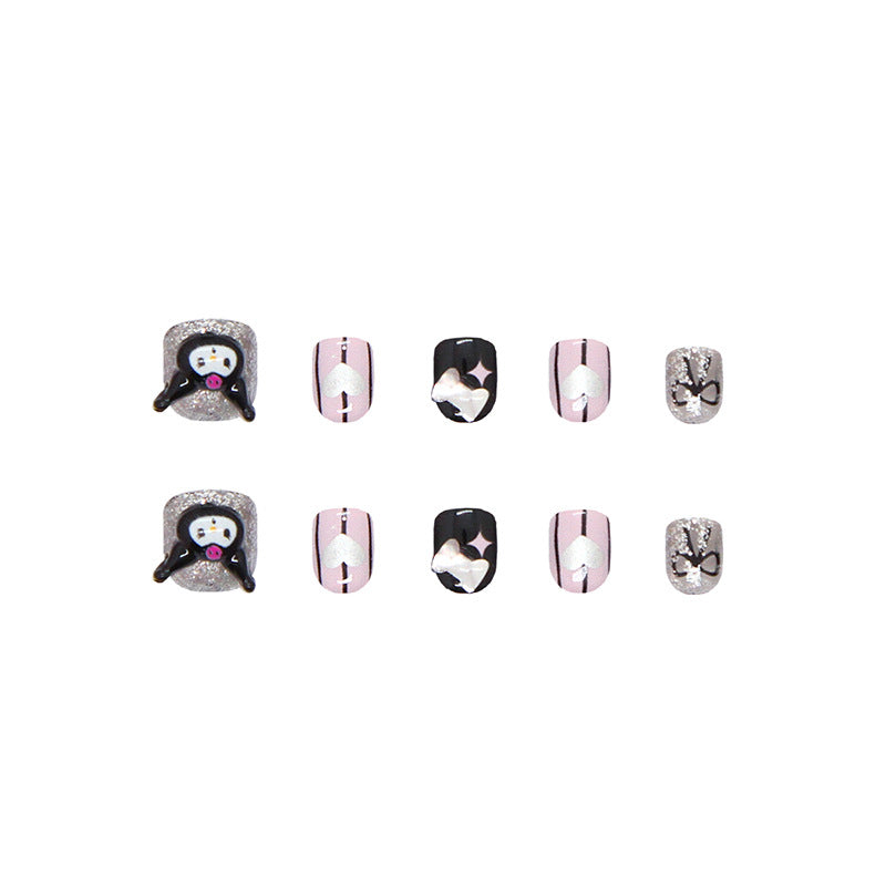 Cute sweet cool girl flash bow love playful white ins wind fake nails kids nails｜365nails