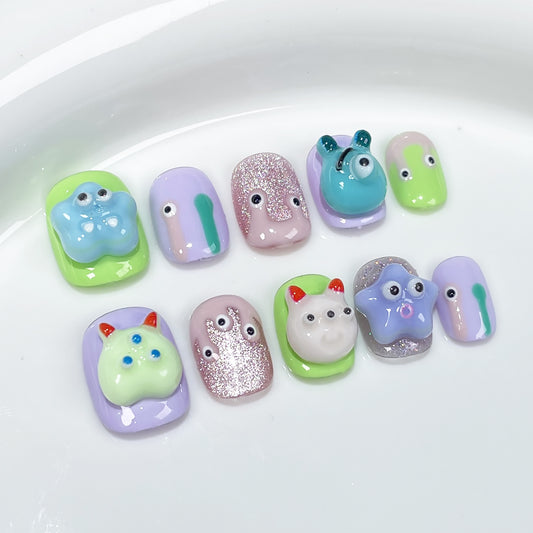 Cartoon hand-painted handmade press-on nails cute three-dimensional big-eyed boy cat eye short  sticker｜365nails