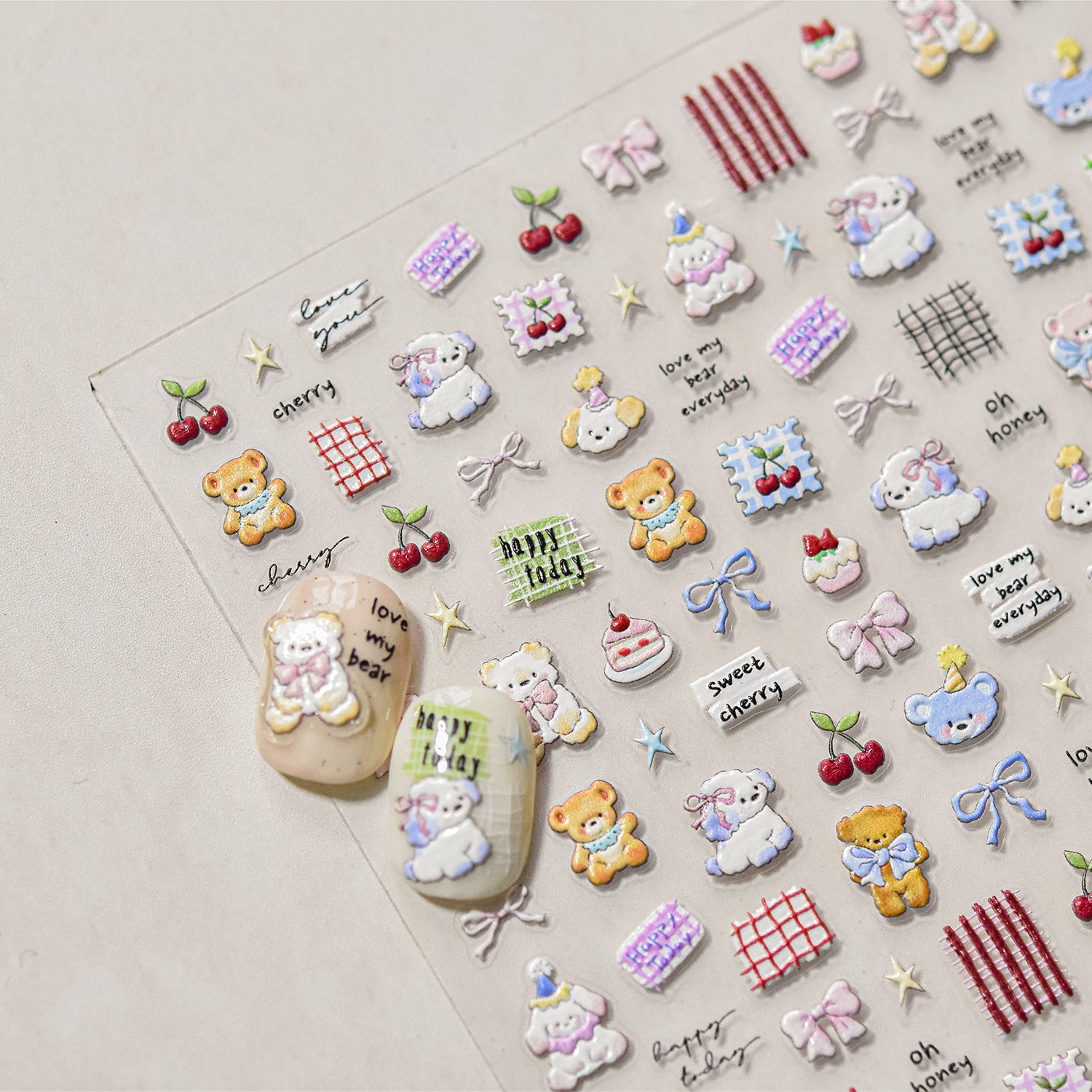 Embossed Teddy Bear & Bunny Nail Stickers – Sweet Cherry Gingham Set