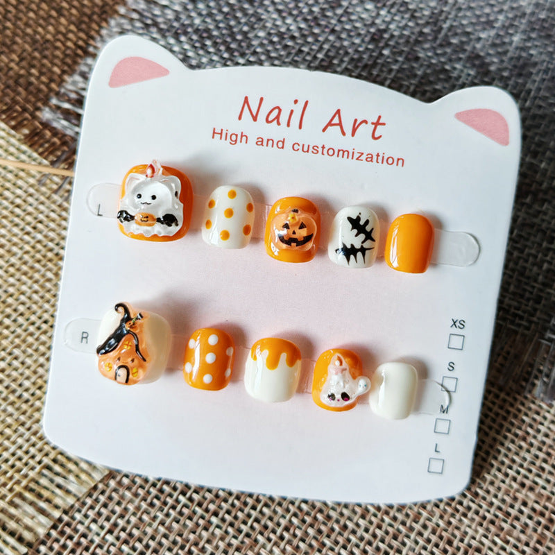 365nails-Halloween Pumpkin Kids Series: "Pumpkin Ghost Festival" – Short Square Kids Nail Art