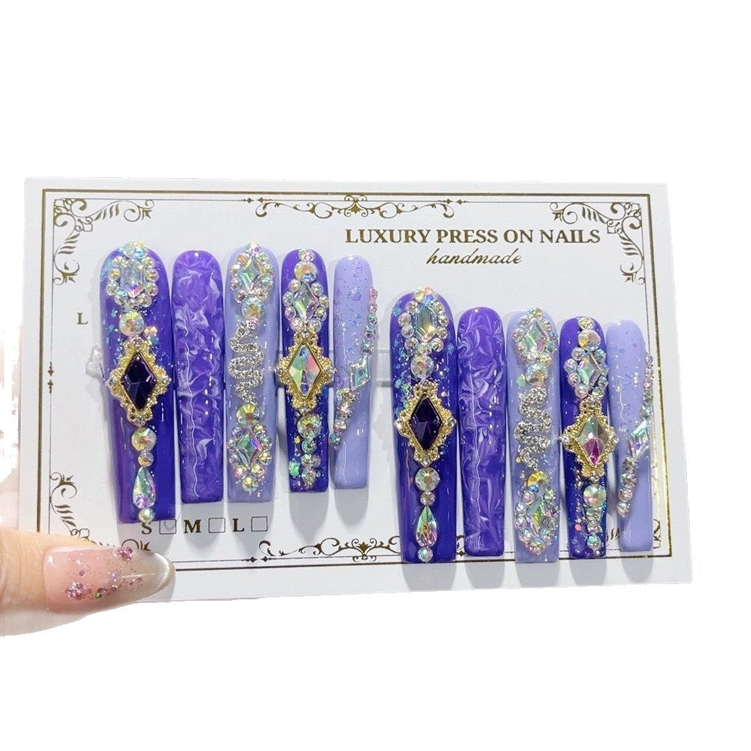 Purple Crystal Embellished Extra Long Press On Nails