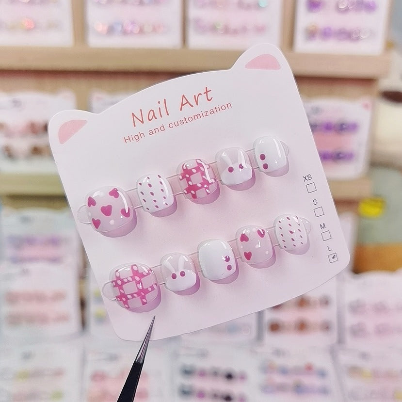 Pink Heart Polka Cute Kids Press On Nails Set