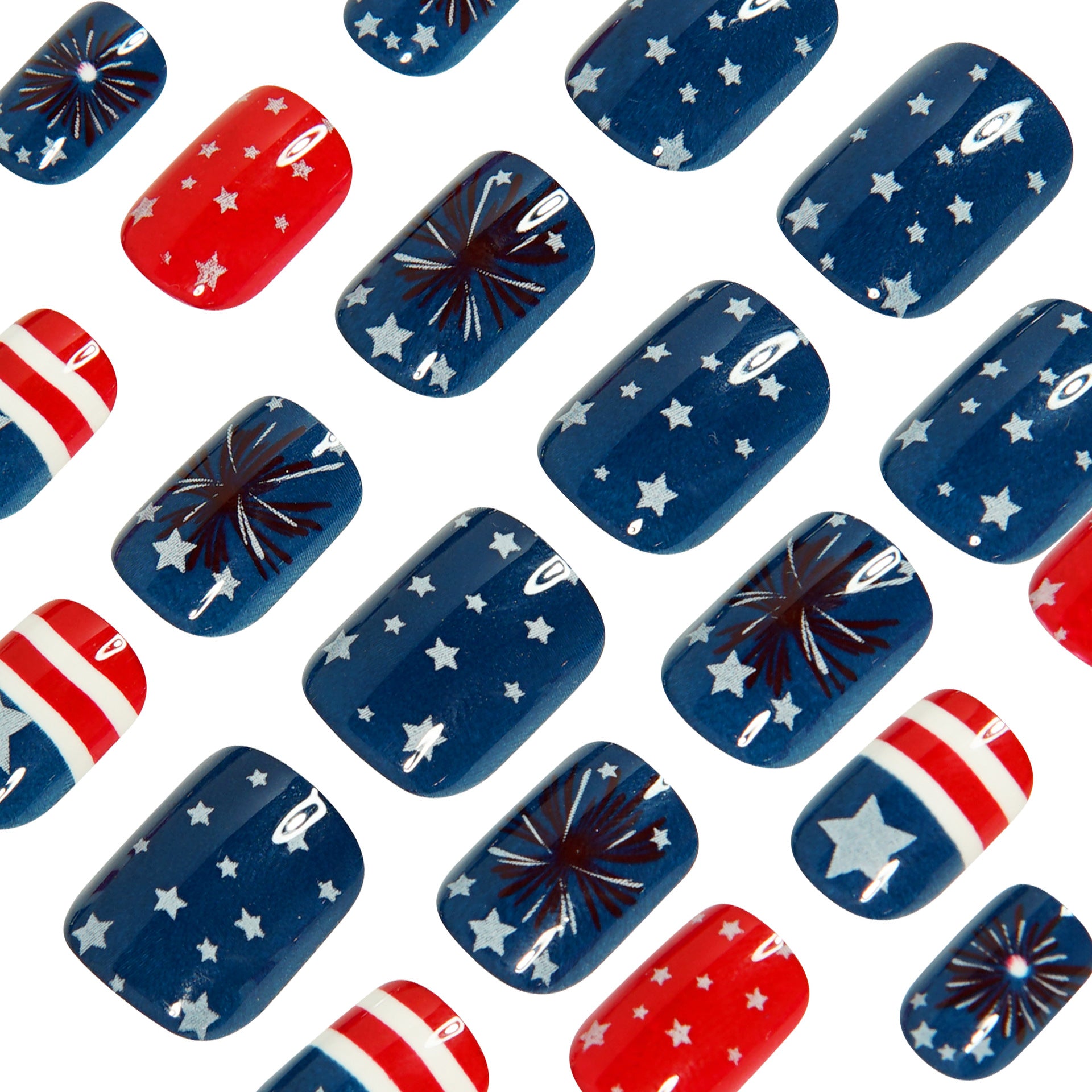 365nails : ongles press-on thème Fête de l'Indépendance — drapeau et feux d'artifice