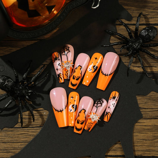Nail Piece Wear Nail Halloween Nail Art Spider Rhinestone Spider Web White Ghost Pumpkin Press on nails｜365nails