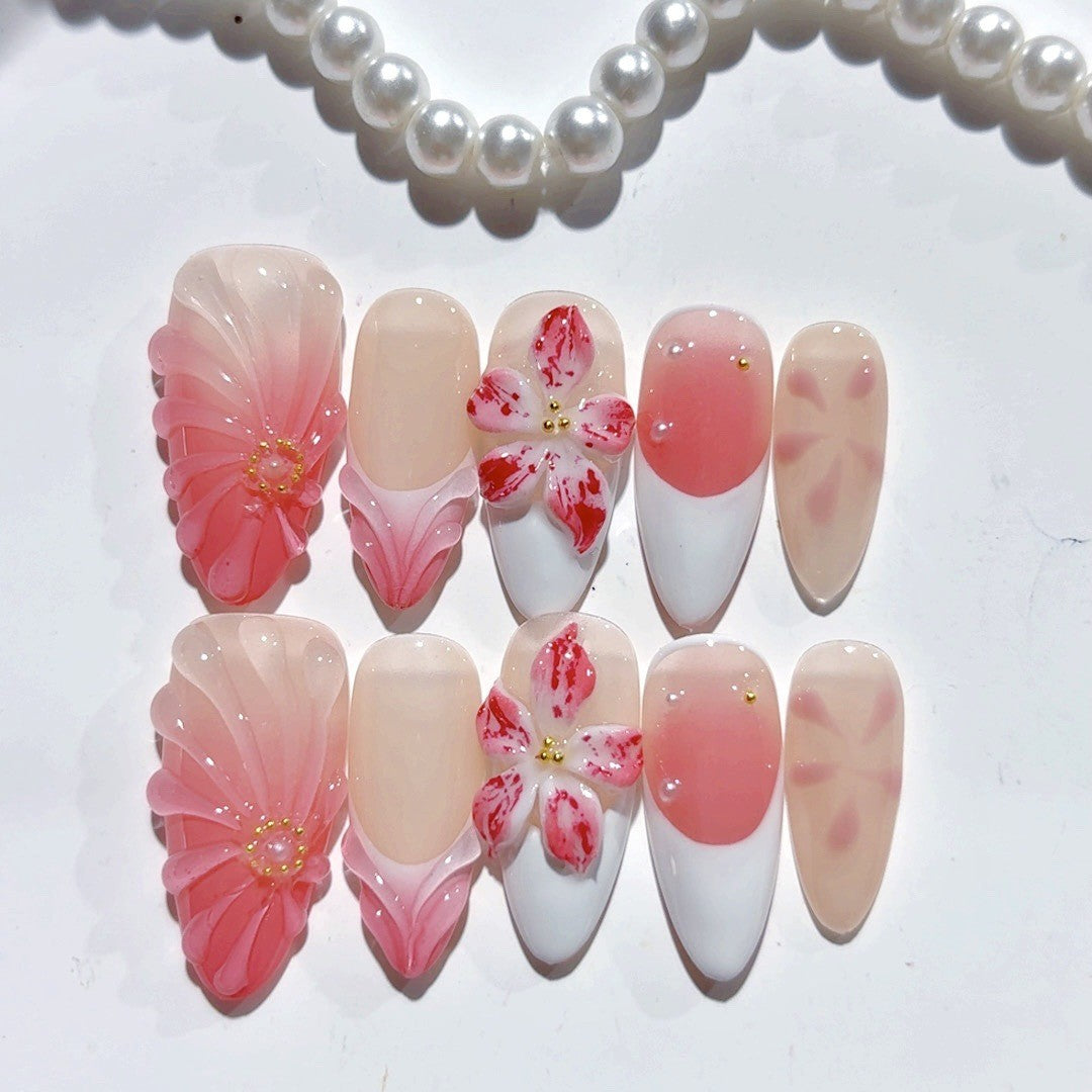 365nails: 코랄 사쿠라 그라데이션 – 미디엄 아몬드형 핑크 꽃무늬 수제 프레스온 네일