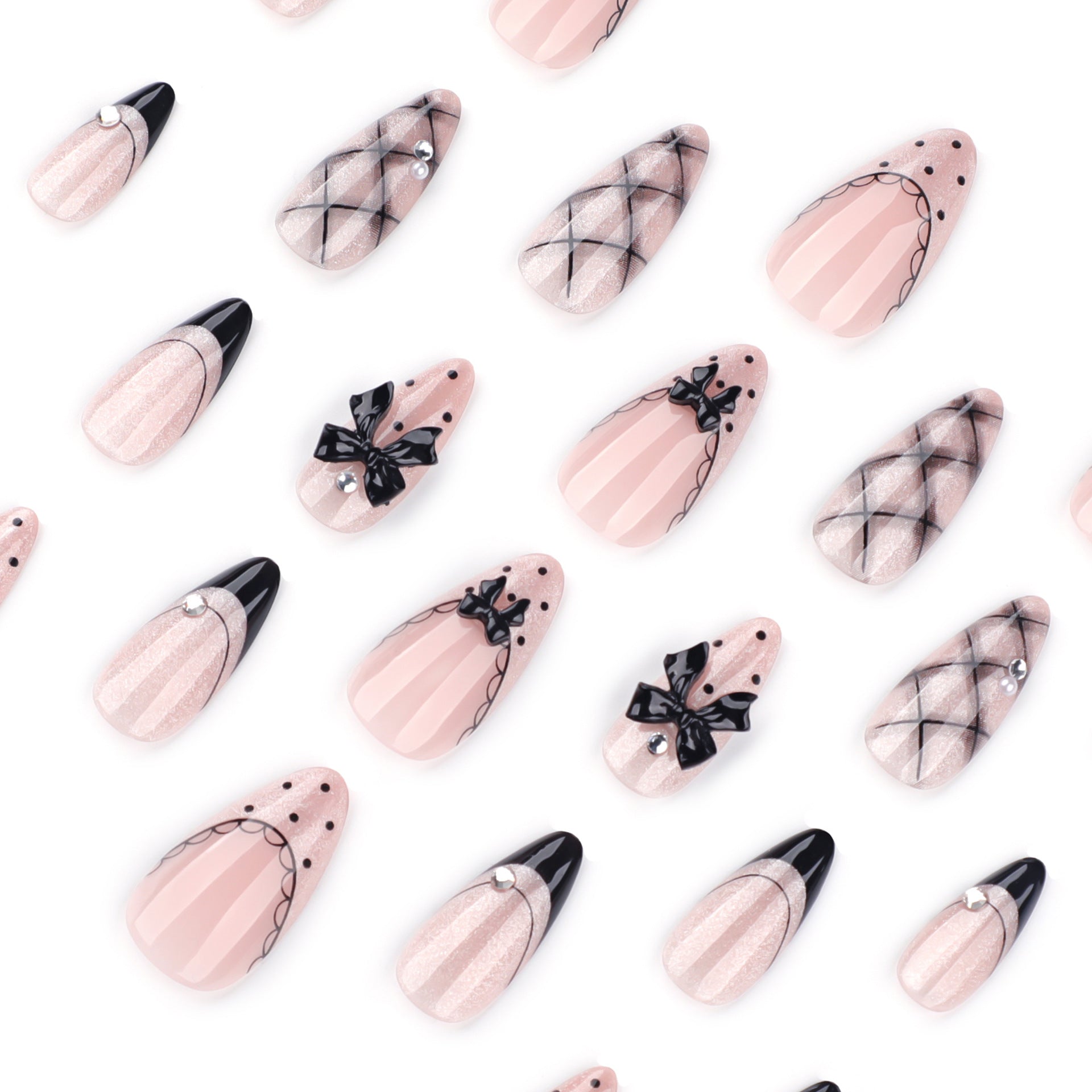Short Almond Press On Nails with Black Bows & Glitter Web Design