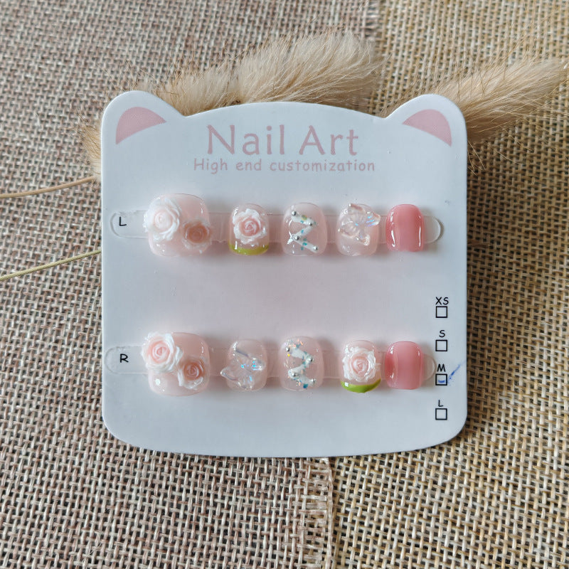 365nails: "morning dew rose fairy" – short round handmade kids press-on nails