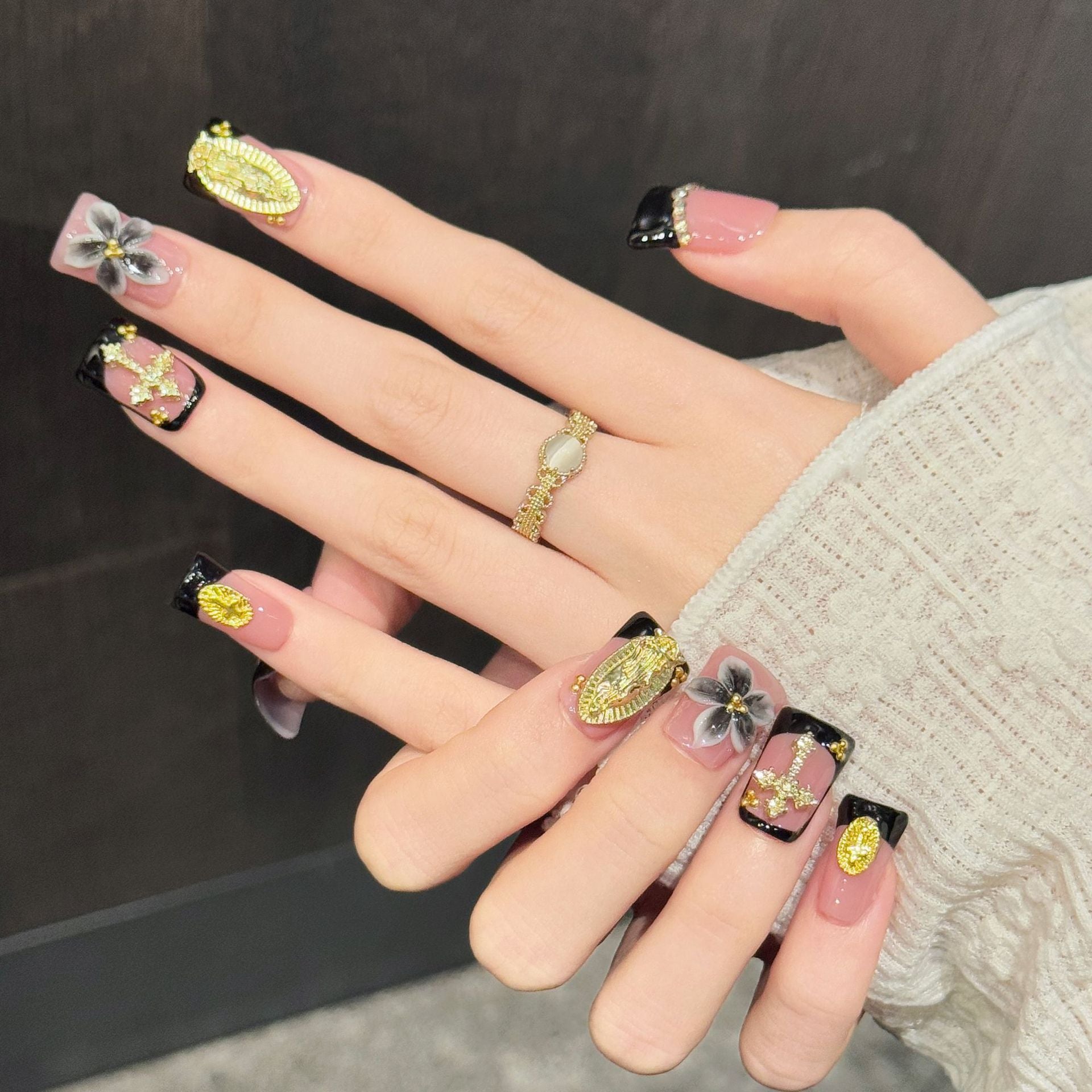365nails: "Sacred Gold" – 3D Cross & Baroque Handmade Press on Nails Short Square Nails