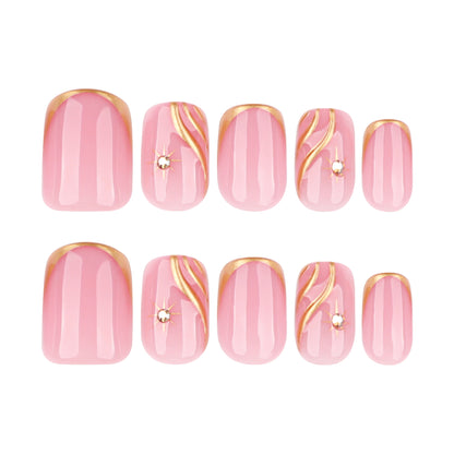 Short and medium square French gold 3D press-on nails