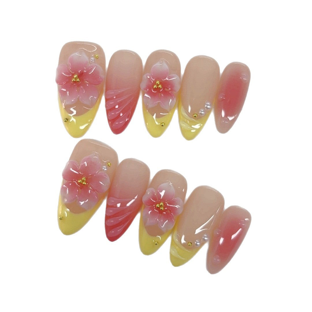 Sakura citron : "Floral rose" – Ongles press-on forme amande