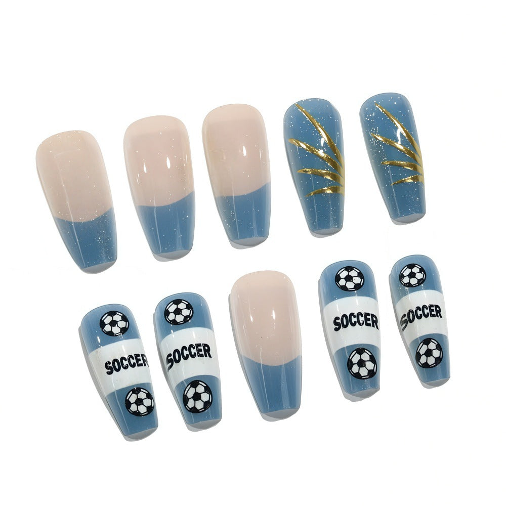 World Cup Blue White SOCCER Text Football Press-On Nails (Long Square/24pcs/Sporty)