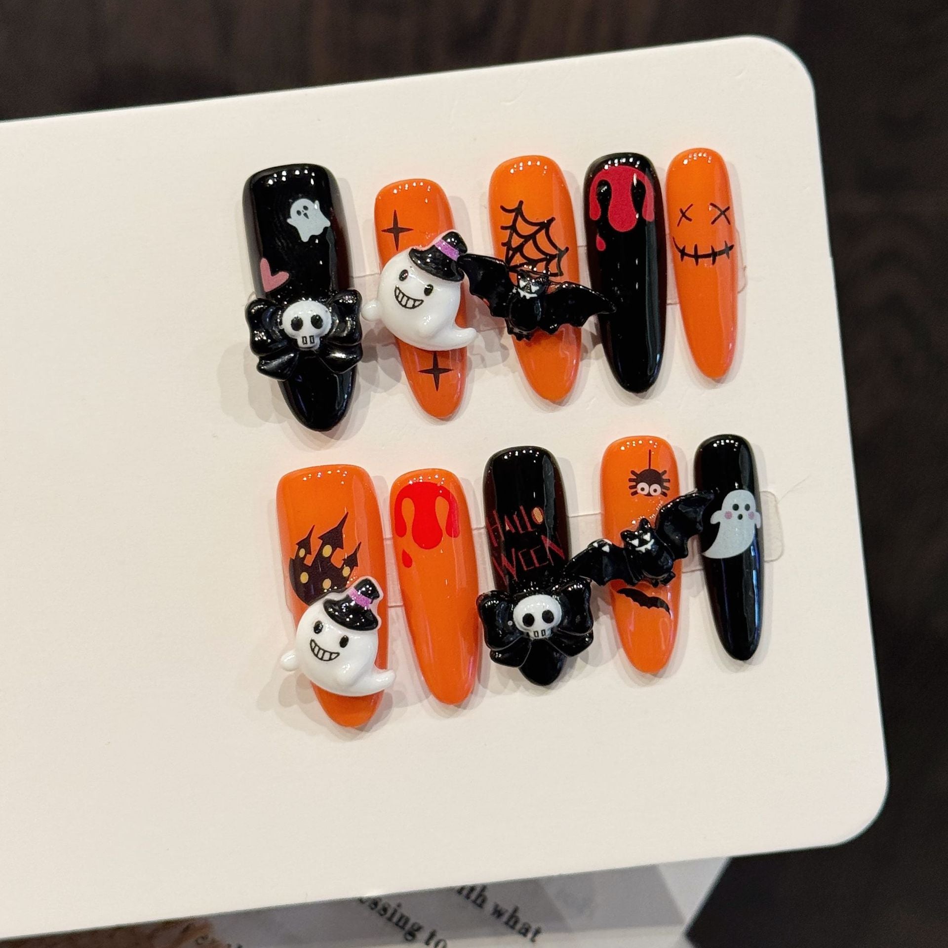 Halloween Ghost Skull Orange Black Horror Press On Nails