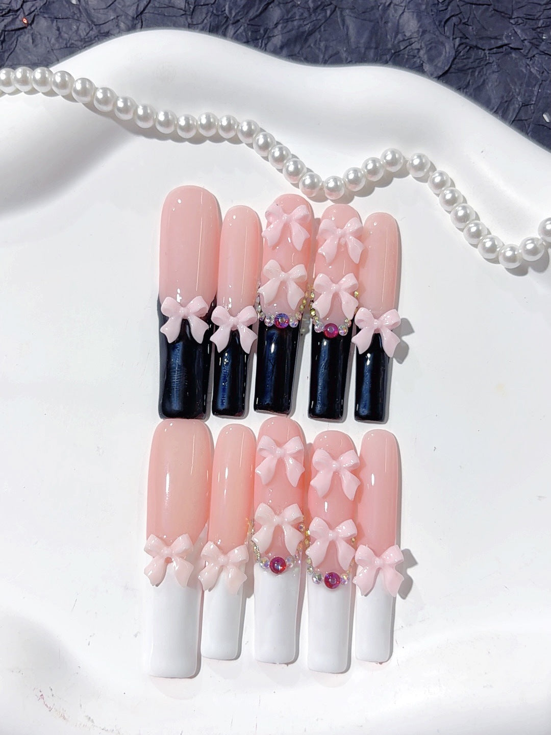 Unhas Postiças Longas e Elegantes com Laço Francês Preto