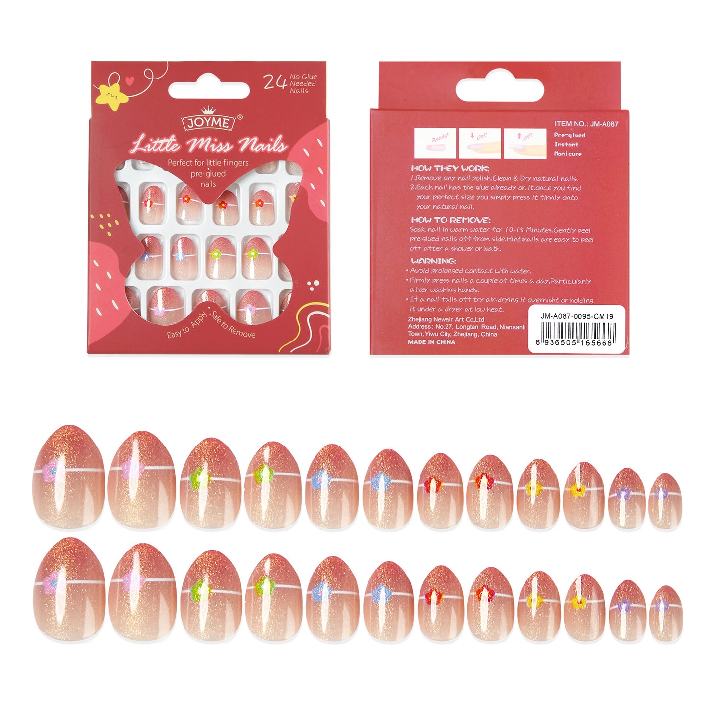 Kids press-on nails Almond nail non-toxic washable nail art gradual change red 24 pieces