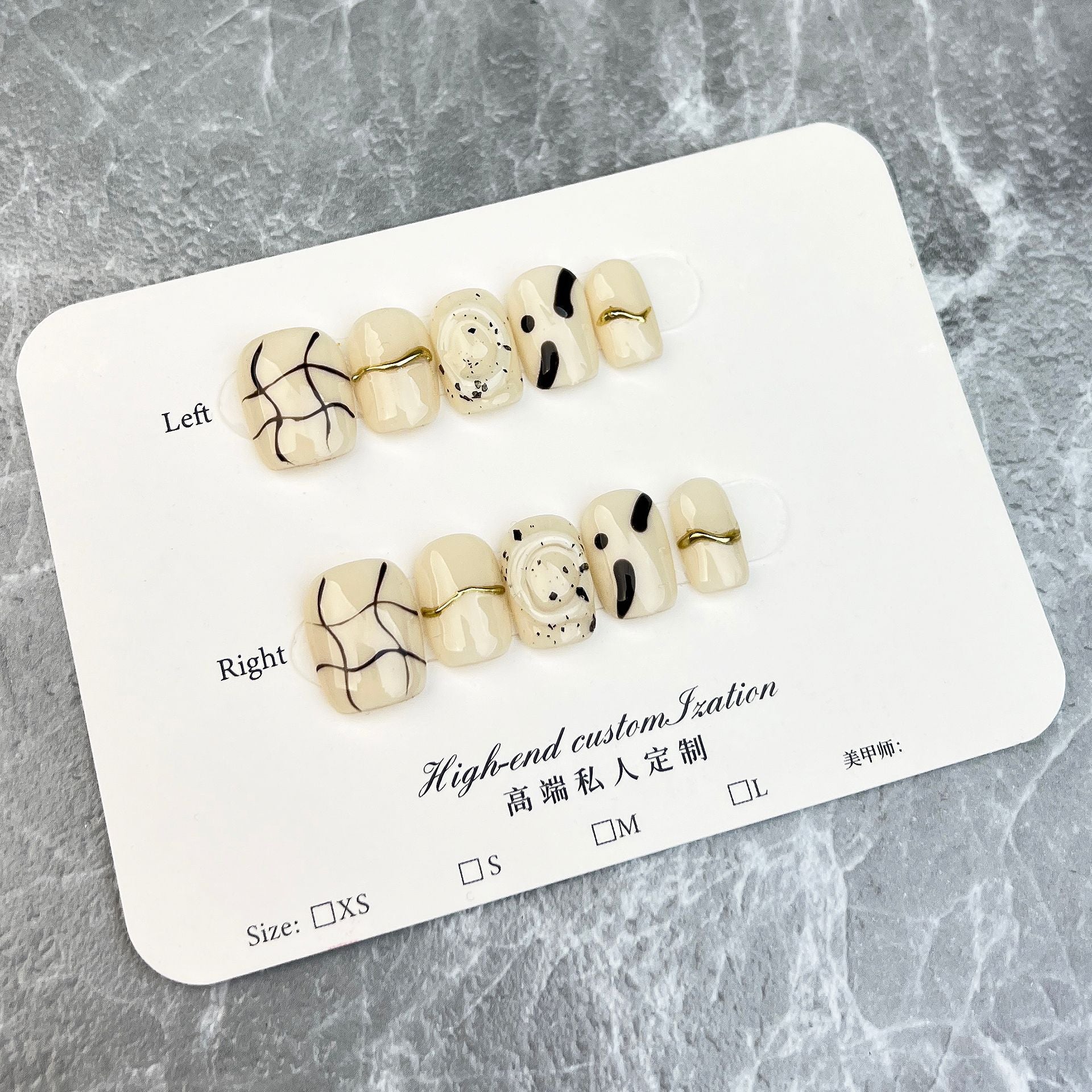 365nails Minimalist: "Creamy Noir" – Short Square Black Line Art & Gold Accents Press On Nails 24pcs