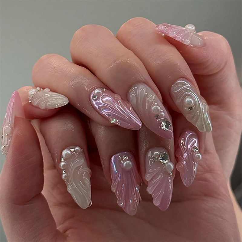 3D rosa mudança gradual concha gotas de água desgaste unha pérola ponto diamante manicure unha falsa curta alta qualidade atacado ｜ 365nails