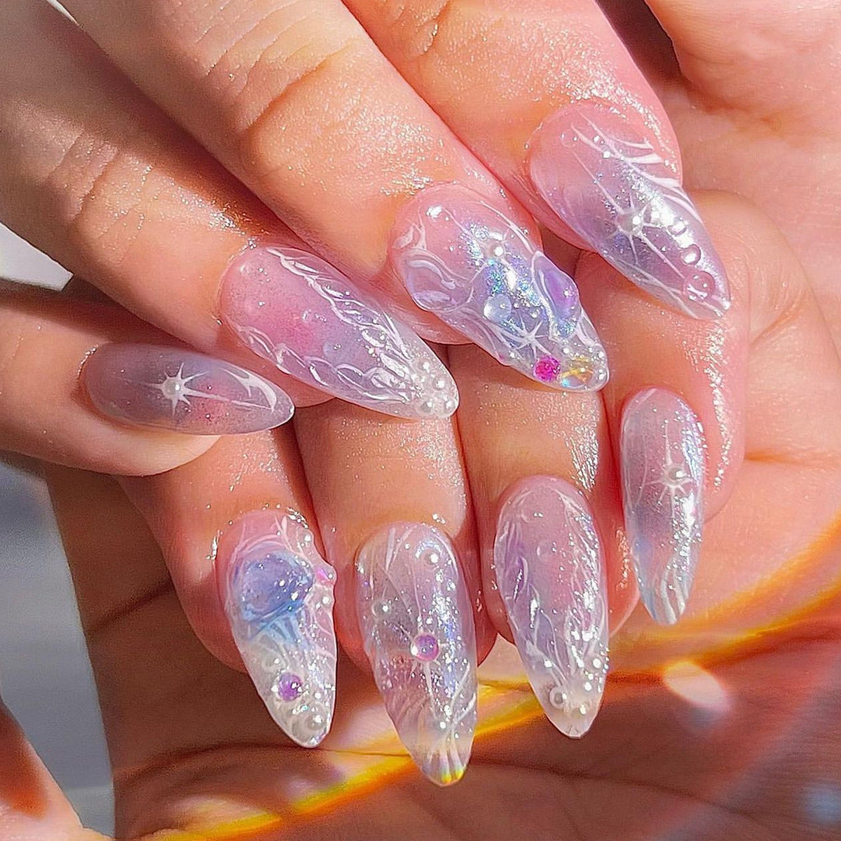 紫色暈染夢幻穿戴甲／甲片｜星光珍珠短款杏仁形｜365nails