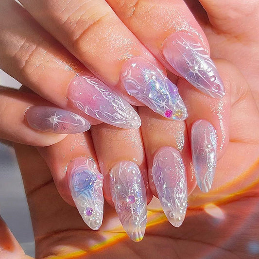Purple Smudge Dream Wearable Nail Art Starlight Pearl Wearable Nail Patch Short Almond Nail Patch｜365nails