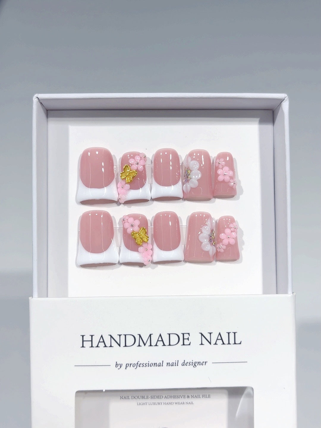 Blush Floral: "Pink Cherry French" – Short Square Handmade Press-Ons