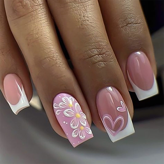 Spring and summer new products, flower love wearing nail French white manicure, medium and short square nail fake nail, hot-selling nail pieces in Europe and America｜365nails