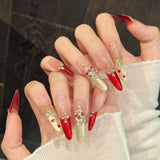 Festive Red Gold Rhinestone Gradient Christmas Press On Nails