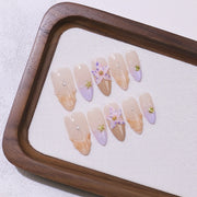 365nails: "Lavender Lily Grace" – Medium Almond Nude-Purple Floral Handmade Press-On Nails