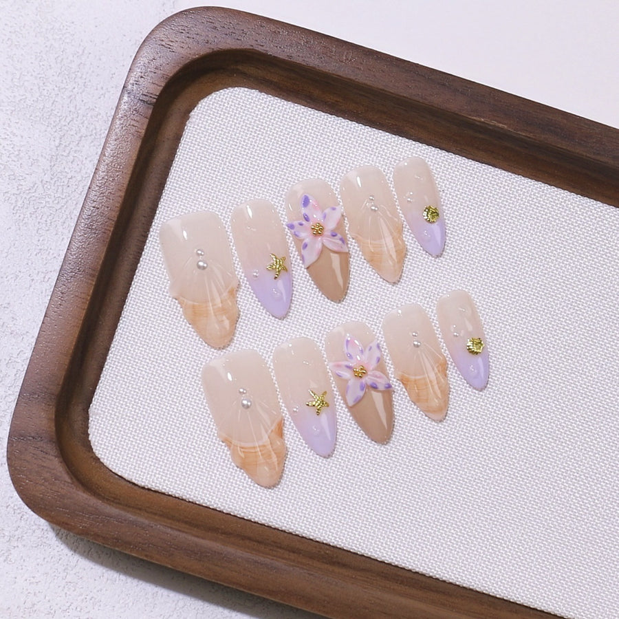 365nails: "Lavender Lily Grace" – Medium Almond Nude-Purple Floral Handmade Press-On Nails