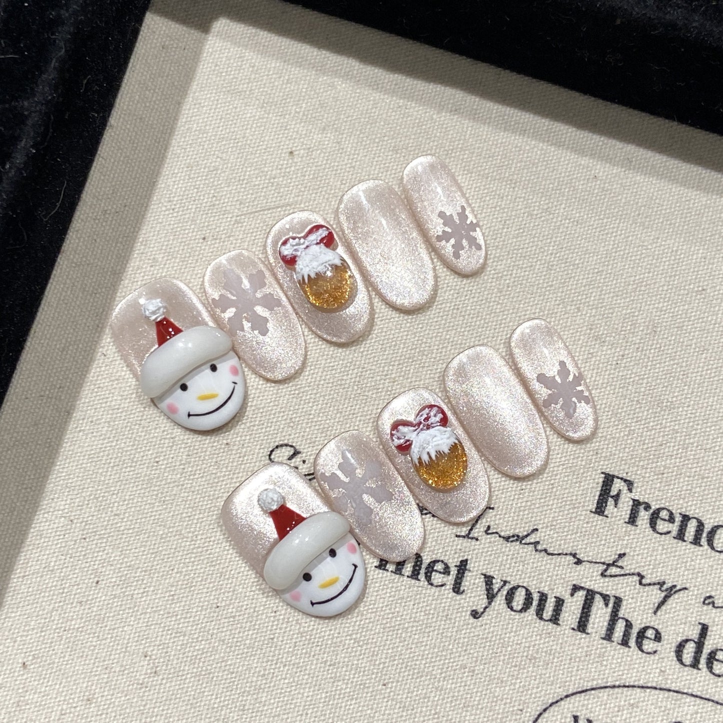 Snowman and Gold Bell Christmas Press‑On Nails – Snowflake Design