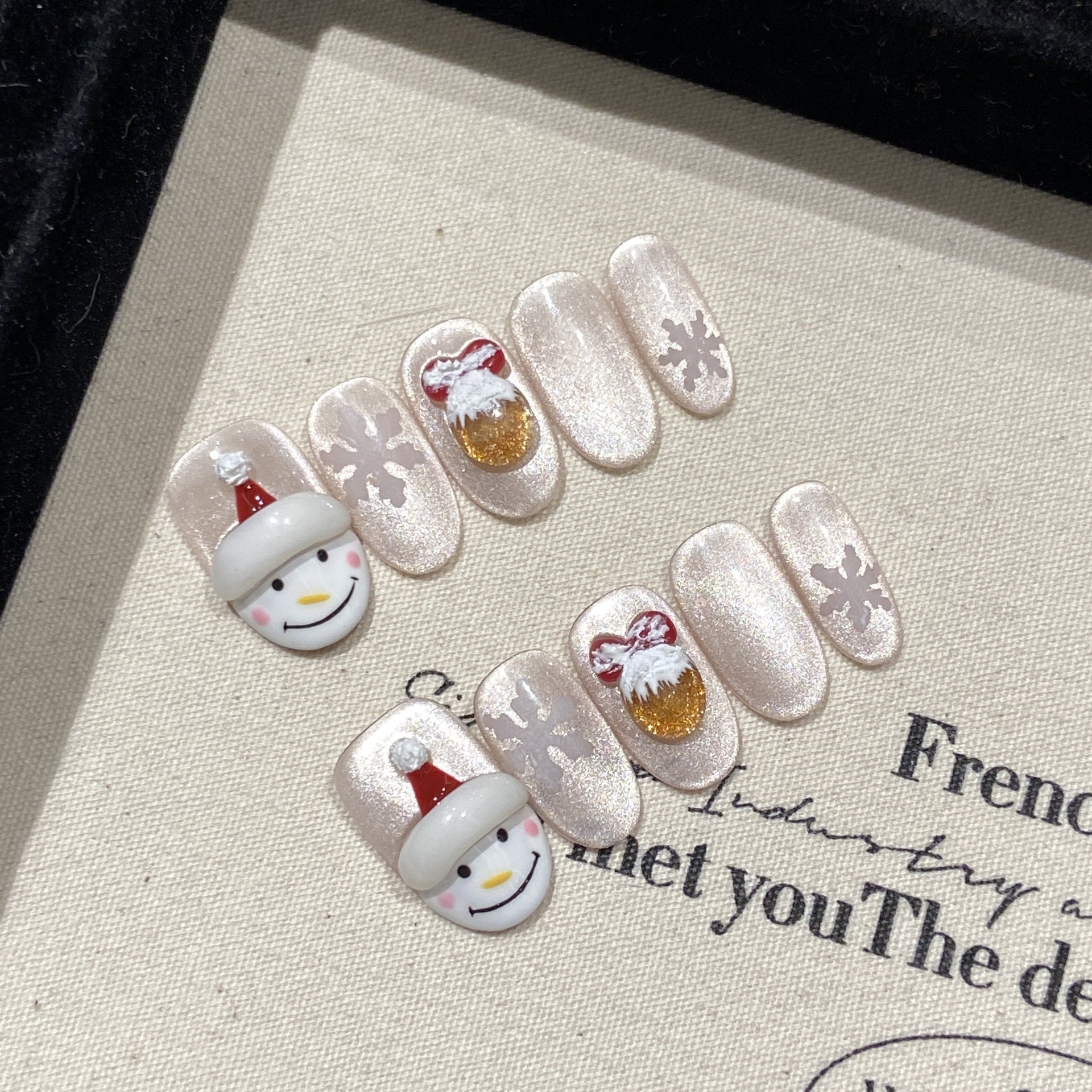 Snowman and Gold Bell Christmas Press‑On Nails – Snowflake Design