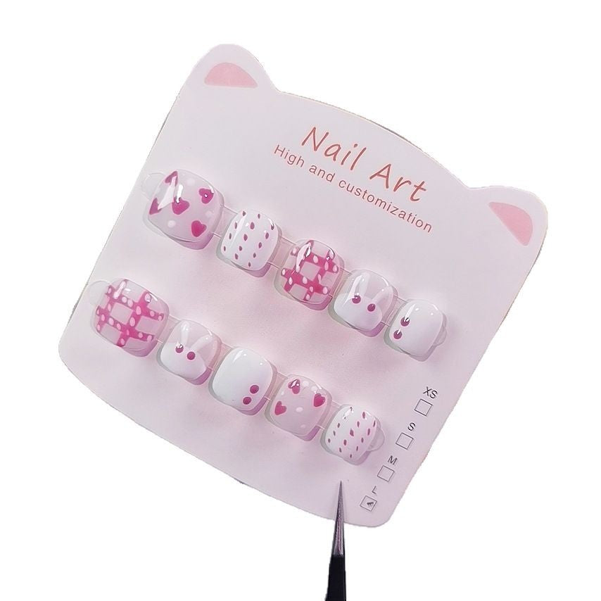 Pink Heart Polka Cute Kids Press On Nails Set